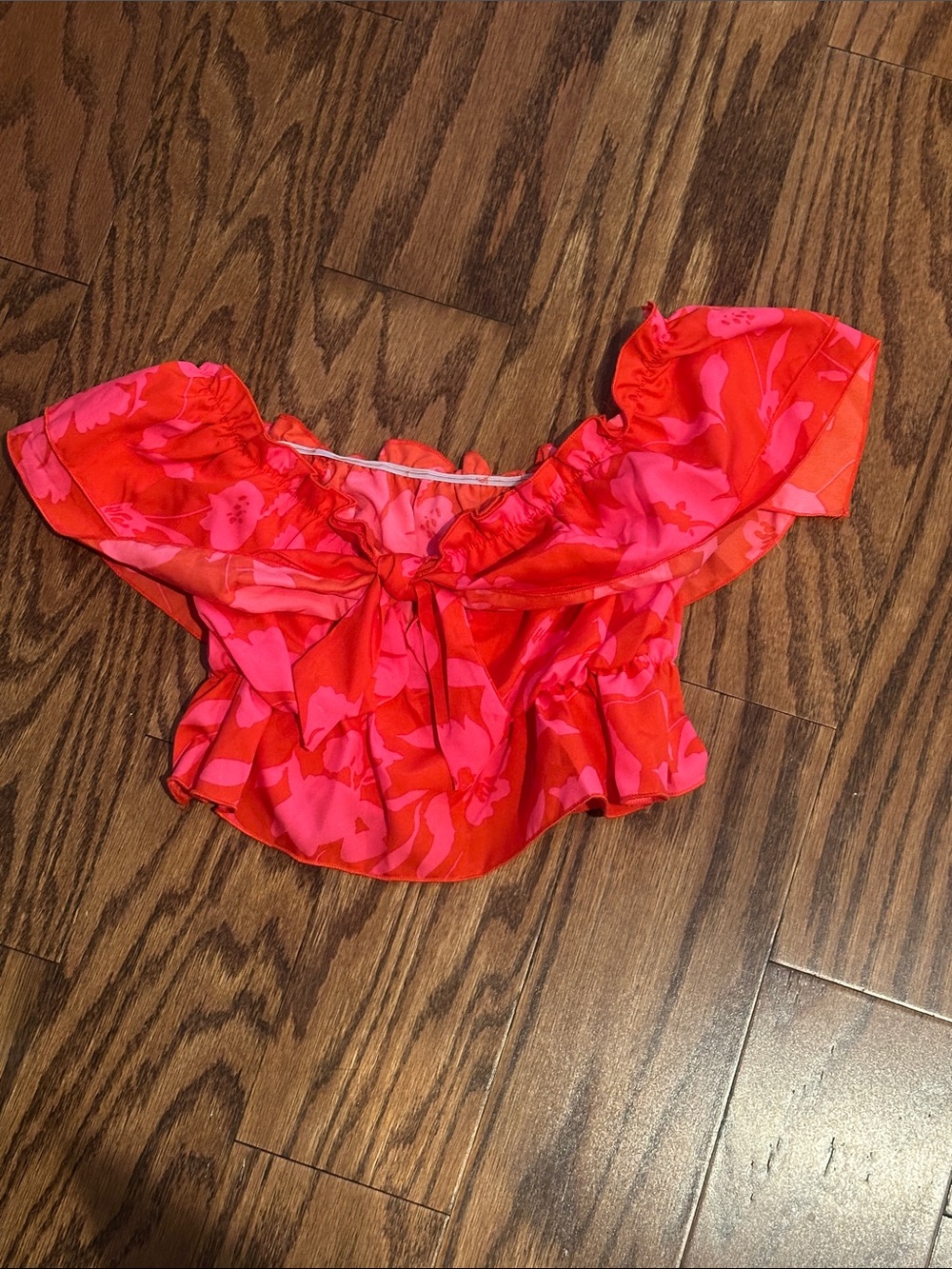 Bright Pink & Red Off-Shoulder Crop Top